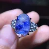 Cluster Rings Natural Blue Dumortierite Rutilated Quartz Stone Crystal Silver Adjustable Ring 14x10mm For Woman Men Jewelry Edwi22