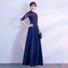 Ethnic Clothing Navy Blue Appliques Women Cheongsam Skirt Long Satin Half Sleeve Banquet Chinese Dresses Fit And Flare Gown Vestid192N