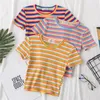 T Shirt Women Cotton Striped Crop Tops Slim Fit Harajuku Summer Short Sleeve Korean Female