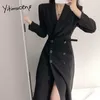 Yitimuceng bureau dame costume robes pour femmes ceintures taille haute noir vêtements printemps mode coréenne élégante robe mi-longue 210601