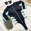 Mid--Sleeve One-piece Swimsuit For Women Swimming Suit High Cut Stitching Bikini Zipper Swimsuits Swimwear 2021