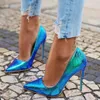 Jurk schoenen sexy iriserende slangenhuid hoge hak pomp hologram patchwork 12cm stiletto hakken python bedrukte puntige teen