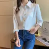 Korean Silk Women Shirts Long Sleeve White Woman Satin Blouses Casual Pink Ladies Tops Plus Size 210604