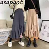 Faldas mujer moda fall koreanska chic slim höga midja pläterade kjolar kvinnor oregelbundna ruffles vit grå maxi kjol vintage lös 210629