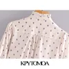 KpyTomoa Frauen Mode Halb-Sheer Gedruckte Falten Blusen Vintage High Collar Langarm Weibliche Hemden Blusas Chic Tops 210225