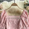 Abito donna coreana che borda colletto quadrato manica a sbuffo Mini dolce rosa floreale vita alta abiti corti estivi Mujer 210603