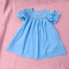 CEKCYA Kızlar El Yapımı Smock Nakış Mavi Elbise Bebek Smocking Frocks Bebek Peter Pan Yaka Elbiseler Çocuk Butik Giysileri 210615
