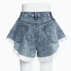 [EAM] Women Denim Blue Ruffles Stitch Wide Leg Shorts High Waist Loose Fit Trousers Fashion Tide Spring Summer 1Y104
