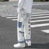 Rakt denim jeans män grafiska tryckta jeans streetwear jeans man wildleg byxor hip hop koreanska hajuku modebyxor 211013