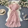 Holiday Dress Women's Summer Bohemian Floral Print Chiffon Casual V-neck Butterfly Sleeve Sash Bandage Midi es 210603