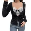 T-shirt Femme Automne Femme Sexy Pulls Dames Rétro Contraste Patchwork Couleur Sweetheart Cou À Manches Longues Dentelle Tops Blouse