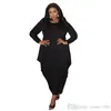 Plus Size L-5XL Women Maxi Dresses Solid Color Round Neck Long Sleeve Irregular Hem Imitation Cotton Pocket Large Dress