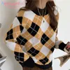 Aelegantmis Primavera Vintage Argyle Maglione Pullover Donna Coreano Retro Morbido Caldo Elegante Femminile Lavorato a maglia Chic 210607