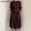 Gaganight Vintage Eleganckie Kobiety Maxi Bodycon Sukienka Moda Office Lady Solidna Linia Trench Sukienki Chic Koreański Vestidos Jesień 210303