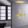Ouro escovado termostático 14 x 20 polegadas LED cachoeira chuvas chuveiro de última geração conjunto de torneira misturadora de banho jato pulverizador corporal todas as funções podem funcionar juntas