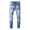 Mäns Man Mode Casual Bird Broderade Målade Ripped Jeans Streetwear Holes Patchwork Stretch Denim Pants Byxor