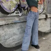 ポケットパッチワークハイウエストジーンズ女性ストリートウェアストレートジーンズフェムムブルー100％コットンカーゴ