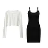 Two Pieces Skirt Set] Black Suspender Dress + White High Waist Top Slim Early Spring Cool Girl Two-piece Suit Set 220302