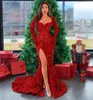 Women 2021 Long Sleeves Red Sequin Prom Dresses, Sexy Side Slit Mermaid Shiny Bling Evening Christmas Party Gowns