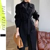 Black Woollen Coat for Women's Winter Sashes Lantern Sleeve Loose High Quality Office Lady's Wool Coats Jackets 210608