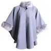 봄 패션 Poncho outwear 모피 칼라 긴 섹션 양모 코트, 코트 우아한 망토 목도리 재킷 여성 크리스마스 선물 211106