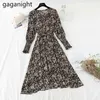 Spring Autumn Vintage Sashes Dresses Chiffon Slim Basic Floral Print Office Ladies Knee-Length Vestidos Regular Sleeve 210601