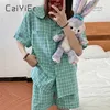 Caiyier Sweet Girl Summer Korean Homewear Cute Doll Collar Korte Mouw Geruite Pyjama Set Plaid Flowers Casual Pyjama Suit 210809
