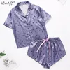 Mulheres Silk Satin Pijamas Set Shorts Manga Shorts Terno Button-Down Impressão Sleepwear Loungewear Pijamas Mujer Homewear 210830