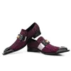 Pointed Iron Design Head Purple Leather Robes Chaussures Men Party Party Party and Wedding Zapatos Hombre F