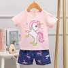 Summer Cute cartoon Pyjamas Suit Unicorn Sleeping Clothes For Kids Short Sleeve Pajama Set Dinosaur Costume For Boy Casual Wear 210908