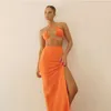 Sexig Streetwear Neon Orange Två Pieces Kjol Satser Kvinnor Tracksuit Fashion Halter Bandage Toppar och långa kjolar matchande set kostymer 210625