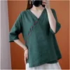 Ethnic Clothing Women Retro Cotton Linen Shirt Chinese Style Casual Blouse Lady Elegant Green Loose Irregular Qipao Tops Zen Tea Robes