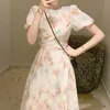 Vintage Dres Puff Sleeve O-hals Franse stijl mode vrouwelijke kleding elegante kant Koreaanse zomer 210604
