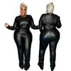 Artı Boyutu Eşofmanlar PU Deri 2 Parça Set Kadın Rahat Giyim Uzun Kollu Lace Up Üst Pileli Pantolon Takım Elbise Moda Siyah Büyük Kıyafetler