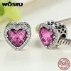 Genuine 925 Sterling Silver Radiant Charm Pink Heart Beads Fit Original Women Bracelet DIY Jewelry Making Q0531