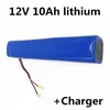 11.1V 12V 10AH LITIUM LI JON Batteripaket för elverktyg Monitor Equipoment E-Scooter E Bike Electric Bicycle +2A Charger