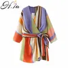 Hsa Women Summer Casual Dresses Sashes Colorful Striped Kimono Style Fashion Summer Vestidos Beach Boho Vestidos de Mujer 210716