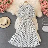 Summer Flower Printed Midi Dress Women Vintage Short Puff Sleeve Draw String Big Swing Vestidos Elegant Party Casual Robe 2021 Y0603