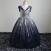 2021 Fashinal Navy Skirt Neck Party Dresses 유아 그라데이션 스팽글 얇은 밴드 넥 플라워 소녀 드레스 웨딩 졸업식 공식 이브닝 가운