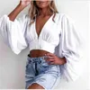 Moda Sexy Głębokie V-Neck Lowern Sleeve Bluzki Długie Crop Tops Lato Top