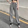 Grey Casual Trousers For Women Spring Autumn Fashion Elastic High Waist Long Pants Metal Chain Sashes 210604