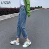 Lyzcr Vintage Harem Jeans女性緩い白いボーイフレンド女性デニム鉛筆パンツハイウエストママフィットフェムミ210809