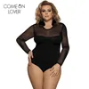 ComeonLover Lace Up Bodysuit Kwiatowy Zobacz Seksowne Kobiety Pajacyki Plus Size Ciało Top Długie Rękawy Slim Mesh Body ER80372 210728