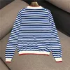 Lyxig designer Märke Stickade Pullovers för Kvinnor Vintage O Neck Blue White Navy Stripes Sweater 210914