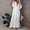 2021 Boho Beach Style Summer Women Solid Color Deep V Neck Maxi DrFemale BacklShort Sleeve Pleated A-line Casual Dresses X0621