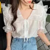 Korejpaa Women Shirt Summer Korean Temperament Gentle Lapel Wood Ear Stitching Lace-Up Micro-Permeable Puff Sleeve Blouses 210526