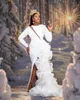 Witte Zeemeermin Avondjurken Plus Size Lange Mouwen Zijsplit Ruches Organza Formele Huwelijksgala Bruidsjurken Robe de mariee306h