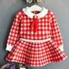 Meisjes Sets kinderkleding Herfst Winter Plaid Boog School Student Pak Gebreide Sweater + Korte Rok 2 stks Kinderen Outfits 210625