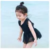 Summer Kids Girls Swimwear Black Lace Sleeves Swimsuit Children Cute Style Spring Clothes E2003 210610