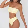 PLAVKY Retro Sexy Yellow Striped Strapless Bandeau Biquini Cut High Waist Swim Bathing Suit Swimsuit Swimwear Women Bikini 210621